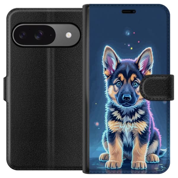 Kompatibel Tegnebogsetui til Google Pixel 9 Pro Neonbelyst schæferhunde-hvalp med blå og lilla lys-effekter blå