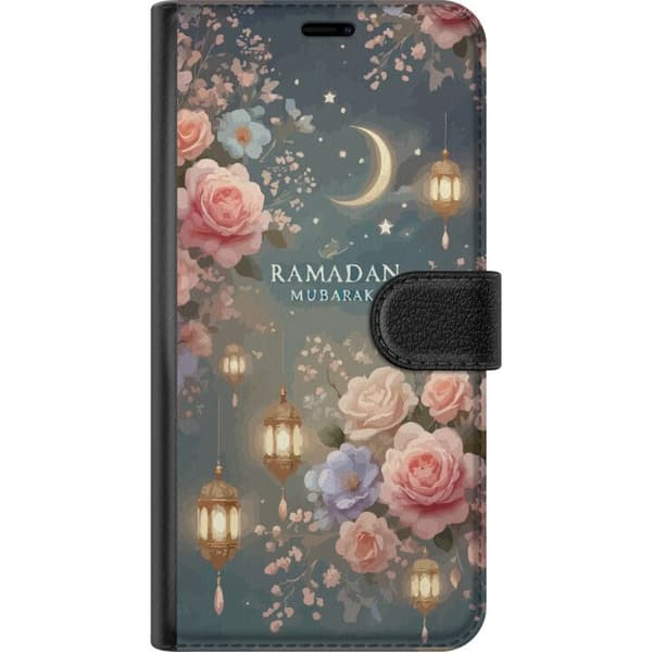 Kompatibel Tegnebogsetui til Apple iPhone 15 Plus Ramadan motiv med blomster, lanterner og halvmåne i bløde rosa og grå toner, dekorativ og festlig s grå