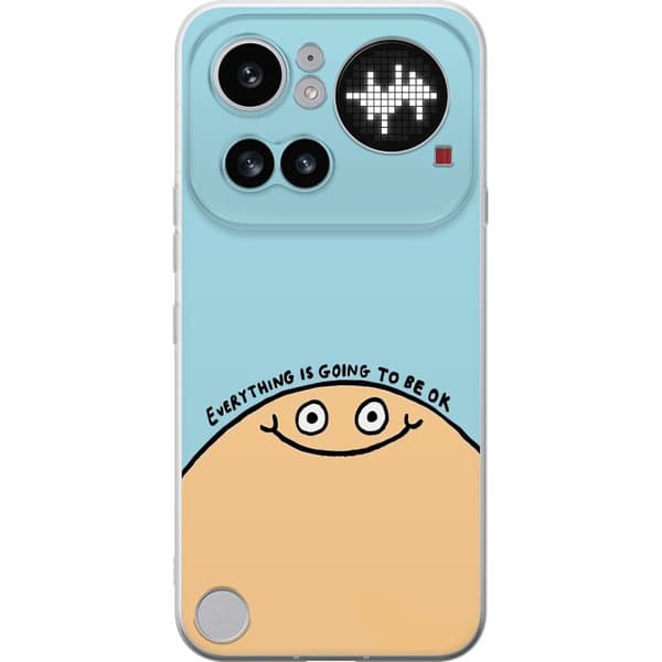Kompatibelt Mobildeksel til Nothing Phone 4a Pro Minimalistisk motiv med smilende figur og teksten Everything Is Going To Be OK blå