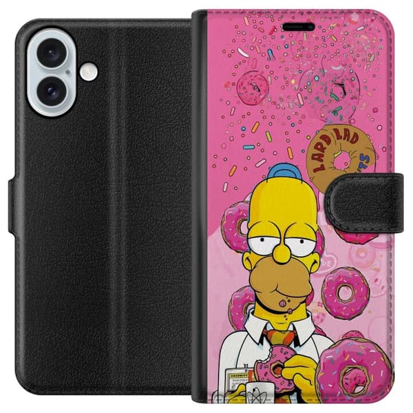 Kompatibel Tegnebogsetui til Apple iPhone 16 Plus Homer Simpson spiser lyserøde donuts mod en farverig baggrund pink