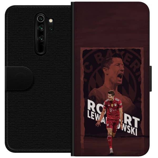 Kompatibel Tegnebogsetui til Xiaomi Redmi Note 8 Pro  Robert Lewandowski i mørkerød collage - fodboldmotiv i sort og mørkerød sort
