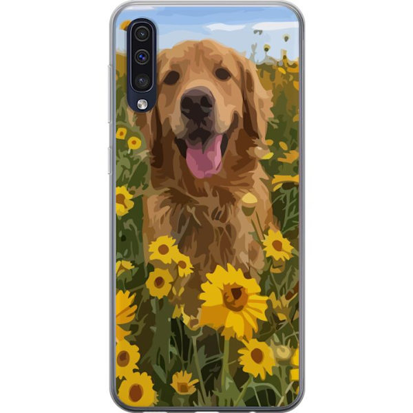 Samsung Galaxy A50 Läpinäkyvä kuori Kultainennoutaja Auringonkukkapelto Koiramotiivi Luonto Kesä Suunnittelu Suosittu Koirarotu Perheen suosikki
