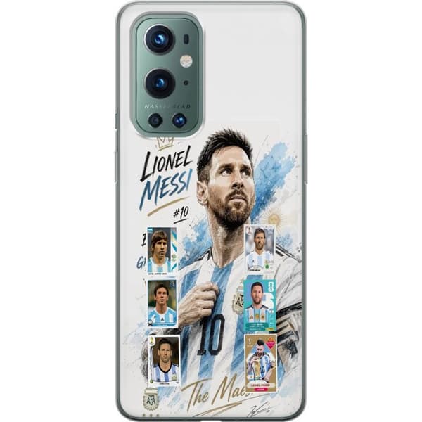 Kompatibelt Mobildeksel til OnePlus 9 Pro Lionel Messi med argentinske farger og klassiske samleobjektkort i collage blå