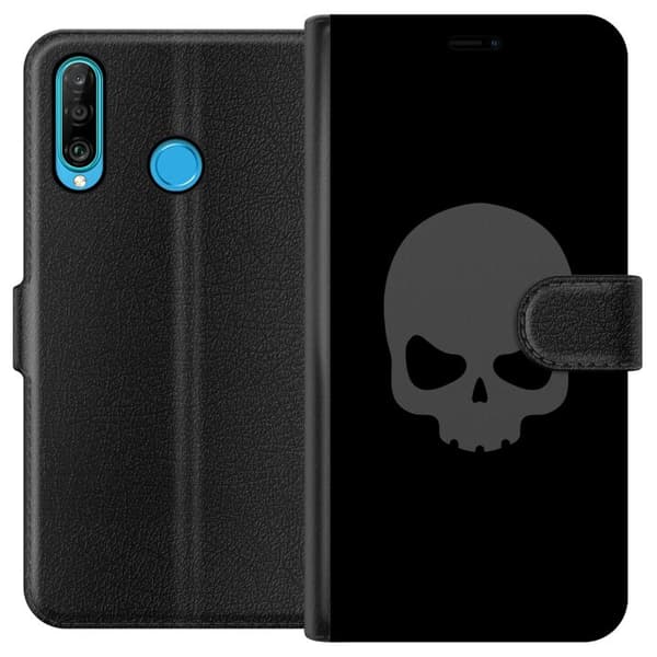 Kompatibel Tegnebogsetui til Huawei P30 lite Enkel dødningehoved i grå tone mod sort baggrund, elegant og moderne design