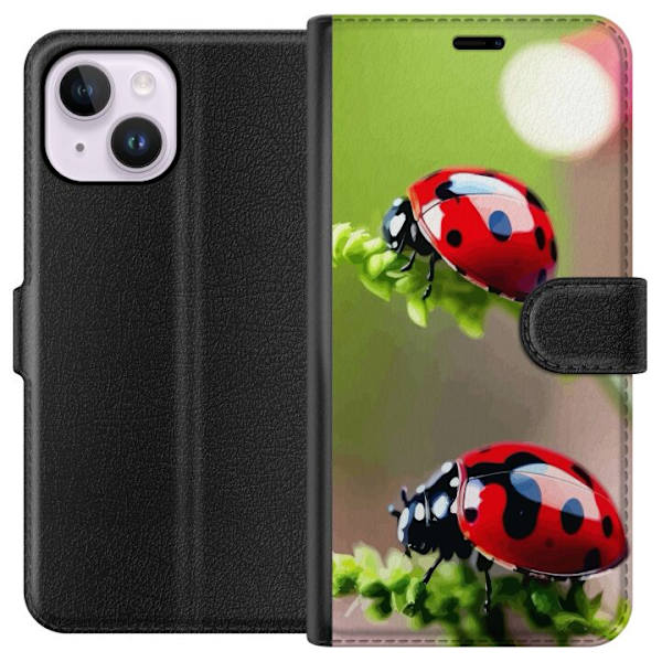 Apple iPhone 15 Plus Plånboksfodral Nyckelpiga Insekt Lycka Symbol Naturmotiv Populärt Grafiskt Motiv Dekoration Sommar Tur