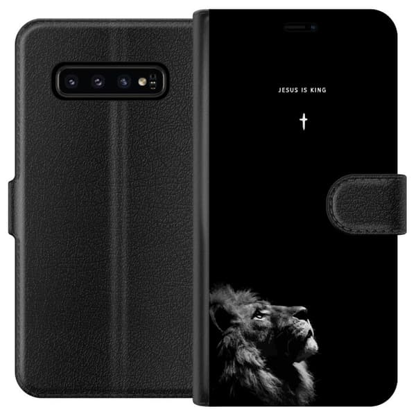 Kompatibel Tegnebogsetui til Samsung Galaxy S10 Lejon med Jesus is King citat sort