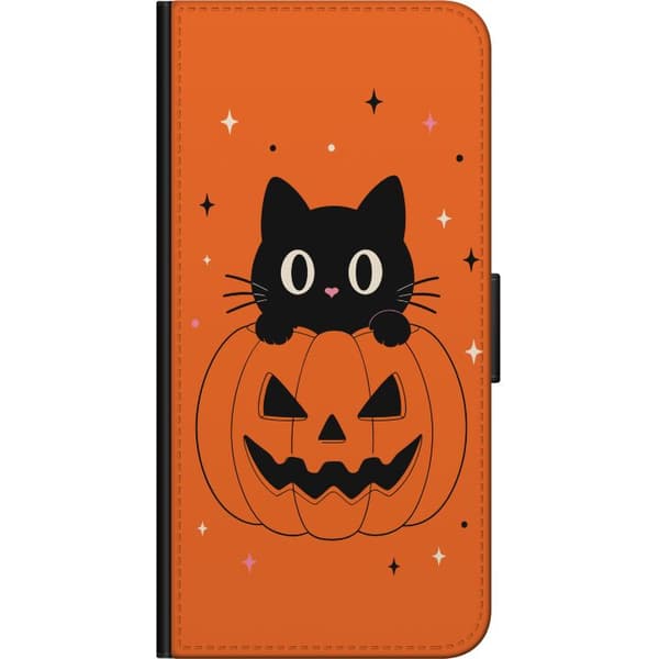 Kompatibel Tegnebogsetui til Sony Xperia XA2 Sort kat og halloween-græskar med stjerner på orange baggrund orange
