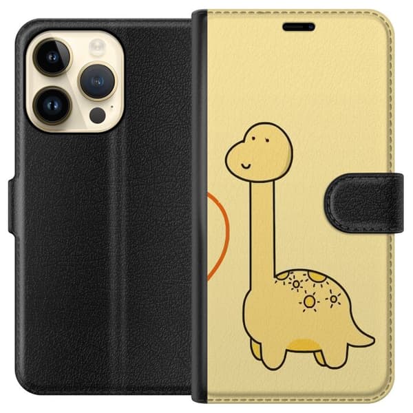 Kompatibel Tegnebogsetui til Apple iPhone 15 Pro Minimalistisk tegnet langhalset dinosaur mod lysegul baggrund gul
