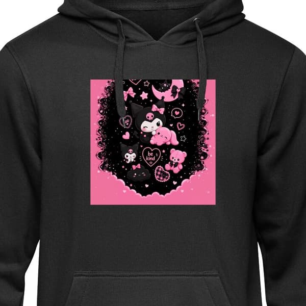 Børne Hoodie Sort 7-8 År Søde pinke og sorte gothfigurer med hjerter, måne, stjerner og positiv tekst sort 7-8 År