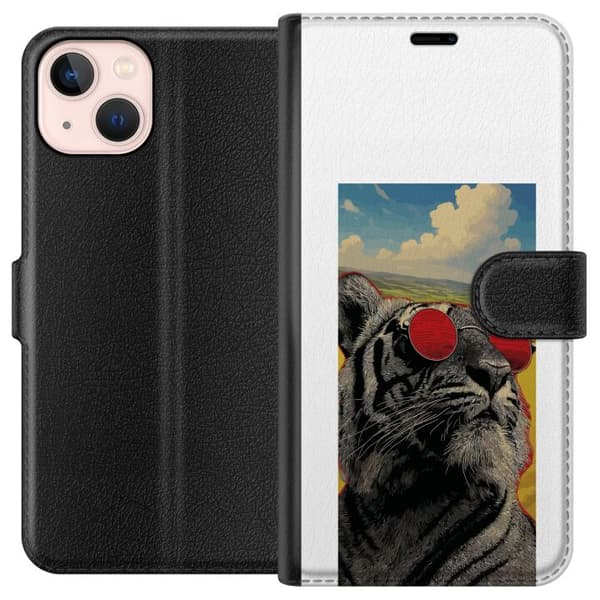 Kompatibelt Lommeboketui til Apple iPhone 13 mini Cool tiger med røde solbriller i popkunststil grå