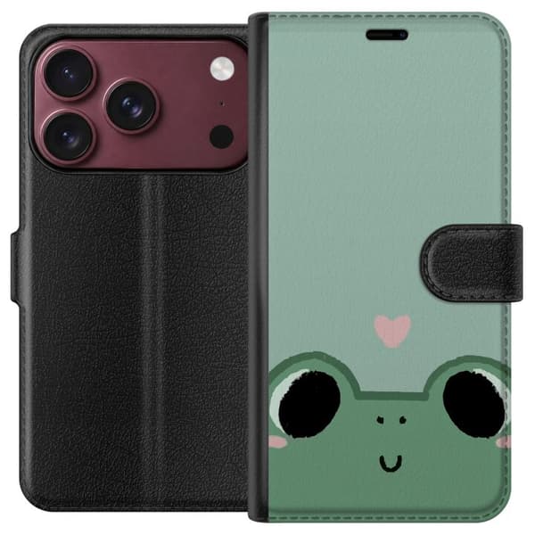 Kompatibel Tegnebogsetui til Apple iPhone 18 Pro Max Minimalistisk grøn frø med store sorte øjne, lyserøde kinder og et lille lyserødt hjerte grøn