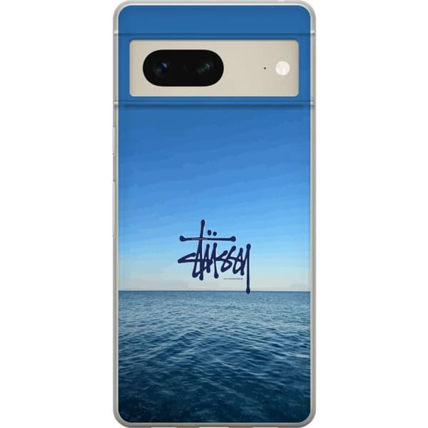 Kompatibelt Mobildeksel til Google Pixel 7 Havspanorama med blå himmel og stilig surf-inspirert logo blå