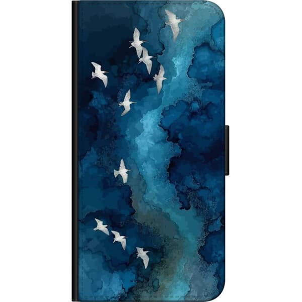 Kompatibel Tegnebogsetui til Samsung Galaxy Note9 Hvide flyvende fugle over dybblå abstrakte akvarelformer med dramatiske nuancer blå