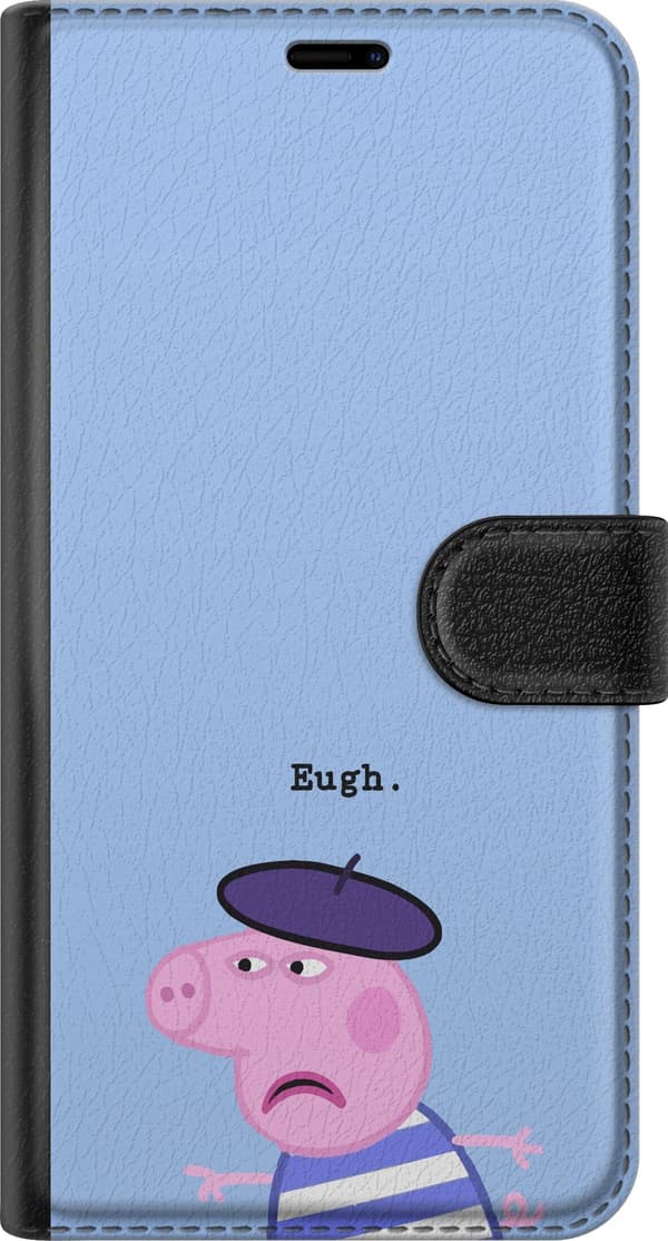 Kompatibel Tegnebogsetui til Apple iPhone 18 Pro Peppa Pig-motiv med lilla basker, stribet trøje og teksten Eugh på lyseblå baggrund blå