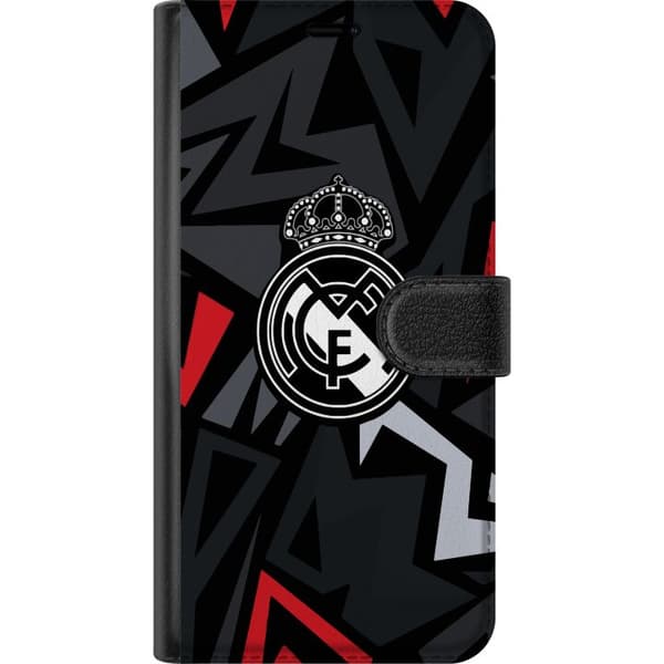 Kompatibelt Plånboksfodral till Apple iPhone 15 Plus Krönt monogram med geometriska linjer - emblemmotiv i svart, rött och grått svart