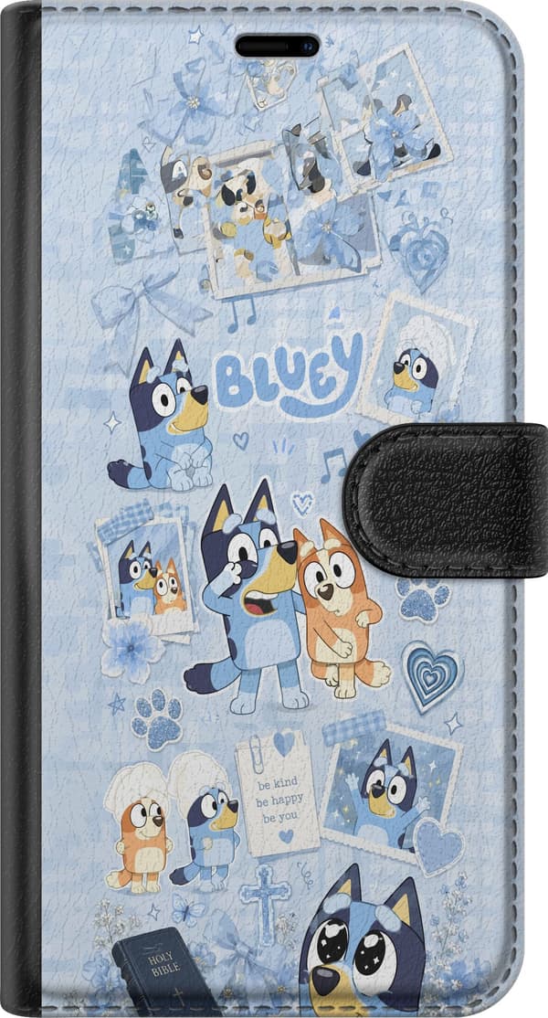 Kompatibel Tegnebogsetui til Apple iPhone 16 Blåt tegnet collage med hunde, hjerter, poter, blomster og sløjfer blå