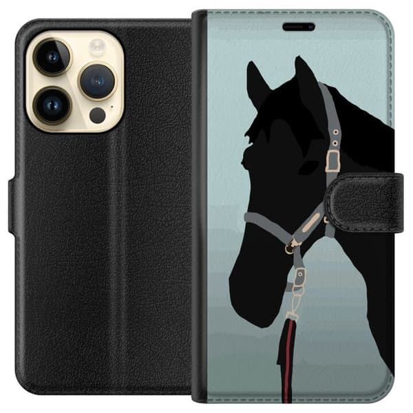 Kompatibel Tegnebogsetui til Apple iPhone 15 Pro Minimalistisk sort hest i profil med grime mod lyseblå baggrund blå