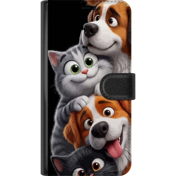 Kompatibel Tegnebogsetui til Apple iPhone 5s Legende motiv med tegnede katte og hunde på sort baggrund sort
