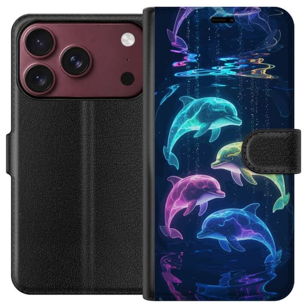 Kompatibel Tegnebogsetui til Apple iPhone 18 Pro Max Farverige lysende delfiner i blå, pink, gul og turkis under vand blå