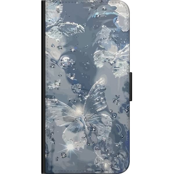 Kompatibel Tegnebogsetui til Xiaomi Mi 11 Pro Elegant motiv med sølvfarvede sommerfugle, glitrende dråber og blågrå baggrund sølv