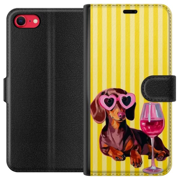 Kompatibel Tegnebogsetui til Apple iPhone SE (2020) Charmerende gravhund med lyserøde hjerteformede solbriller og lyserøde glas foran gulstribet bagg gul