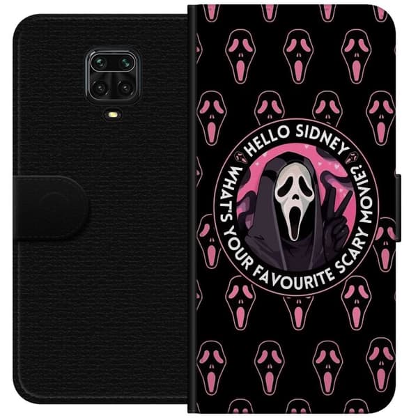 Kompatibel Tegnebogsetui til Xiaomi Redmi Note 9 Pro Sort og rosa skrækmotiv med maskerede figurer og teksten Hello Sidney sort