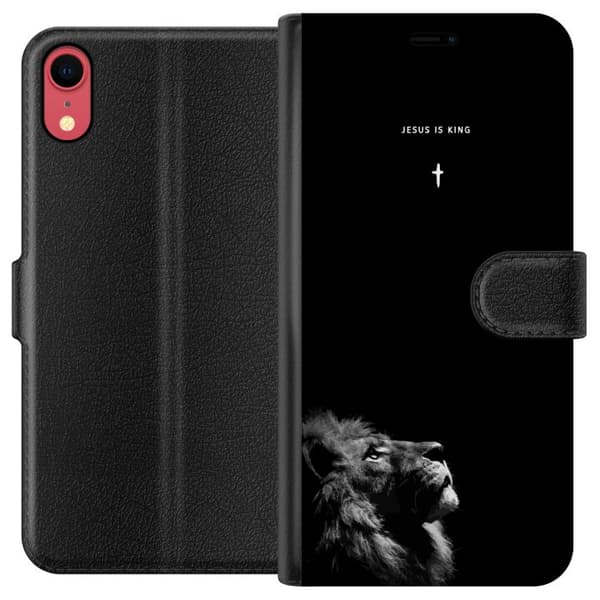 Kompatibel Tegnebogsetui til Apple iPhone XR Lejon med Jesus is King citat sort