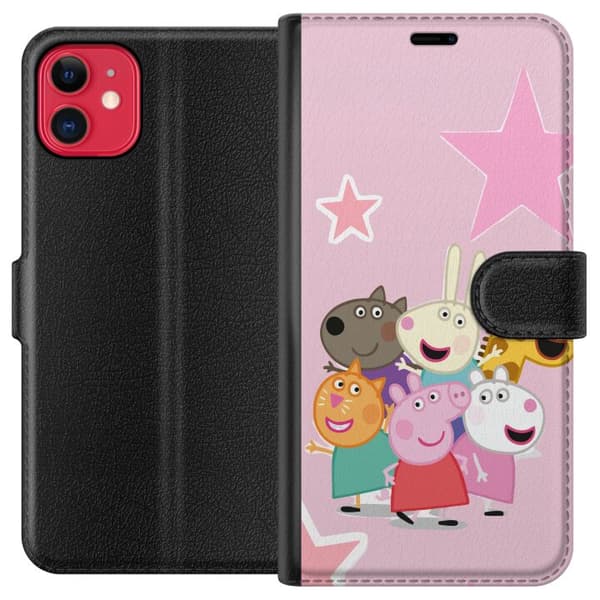 Kompatibel Tegnebogsetui til Apple iPhone 11 Gurli Gris og venner samlet med stjerner på lyserød baggrund, farverig børneillustration