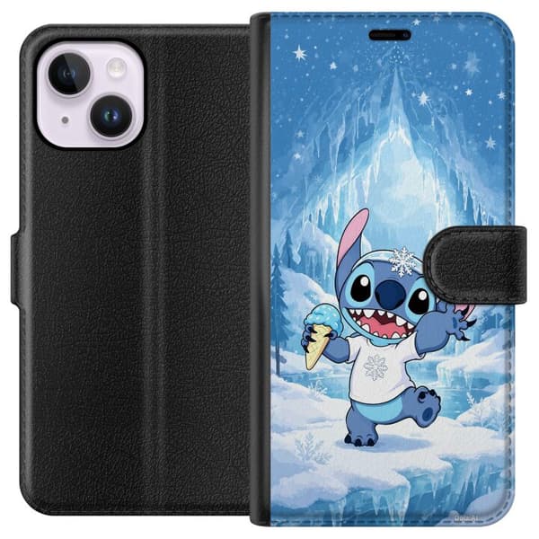 Kompatibel Tegnebogsetui til Apple iPhone 15 Plus Blå tegnet fantasifigur med is, snefnug og iset vinterbaggrund blå