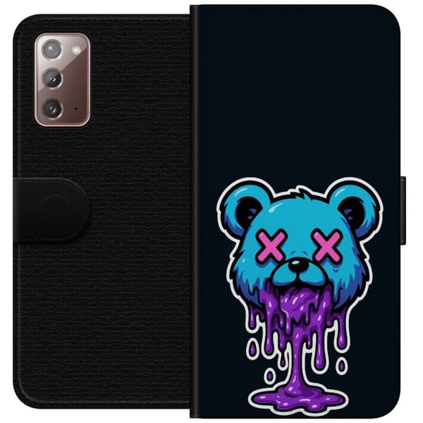 Kompatibel Tegnebogsetui til Samsung Galaxy Note20 Blå illustreret bjørn med lyserøde krydsøjne og lilla dryppende detaljer mod sort baggrund sort