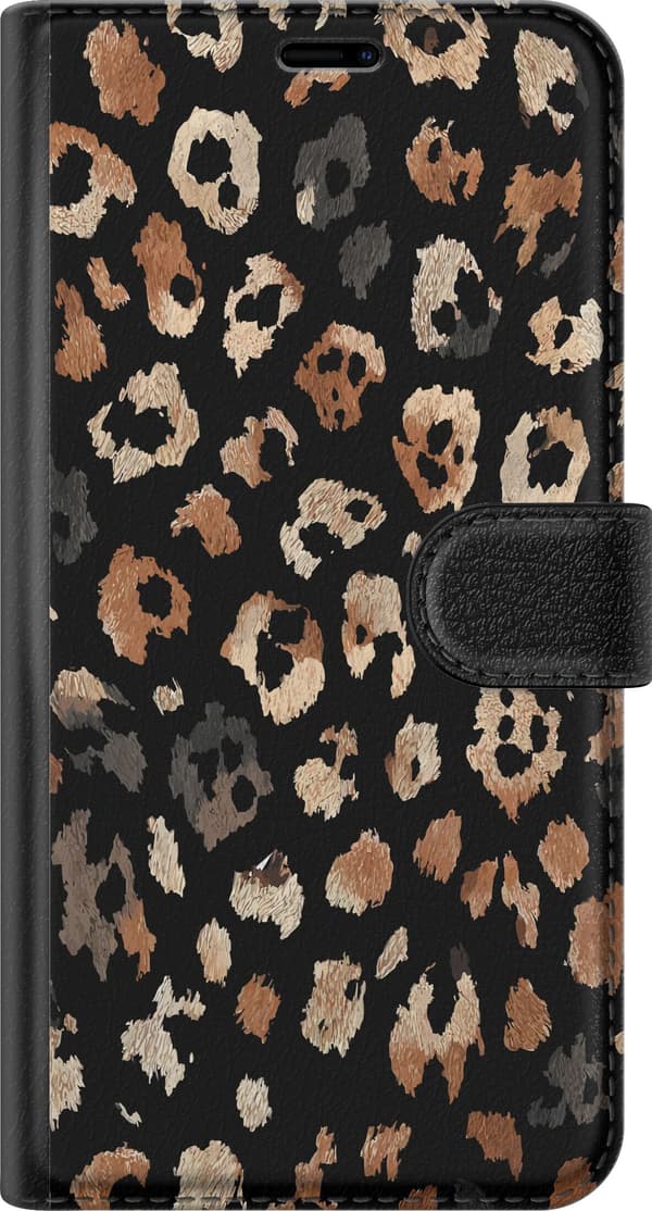 Kompatibel Tegnebogsetui til Apple iPhone 16 Stilrent leopardmønster i brun, beige og sort på mørk baggrund sort