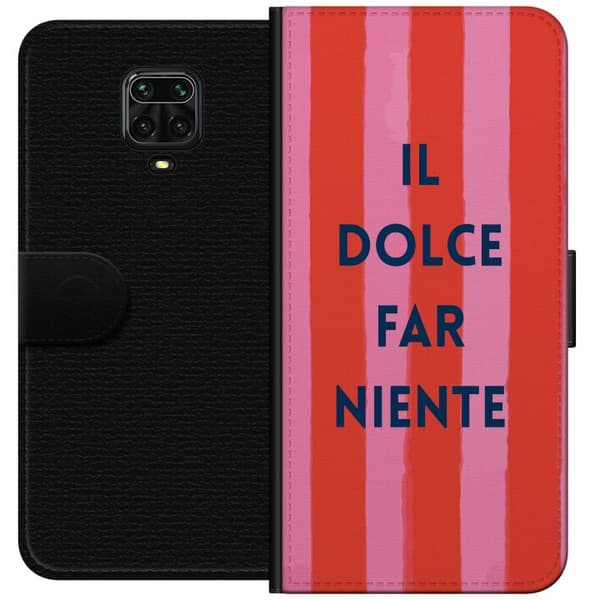 Kompatibel Tegnebogsetui til Xiaomi Redmi Note 9 Pro Teksten Il Dolce Far Niente i mørkeblåt mod håndmalede rosa og røde striber pink