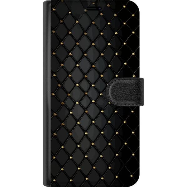 Kompatibel Tegnebogsetui til Samsung Galaxy A05s Sort geometrisk ternet mønster med guldfarvede linjer og dekorative detaljer sort