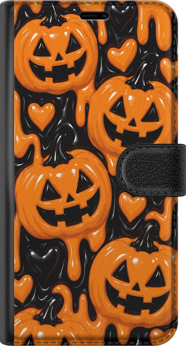 Kompatibel Tegnebogsetui til Apple iPhone 7 Plus Orange halloween-græskar og hjerter med flydende grafiske former på sort baggrund orange