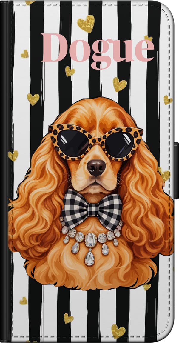 Kompatibel Tegnebogsetui til OnePlus 8 Brun spaniel med sorte solbriller og ternet sløjfe mod sorte og hvide striber brun