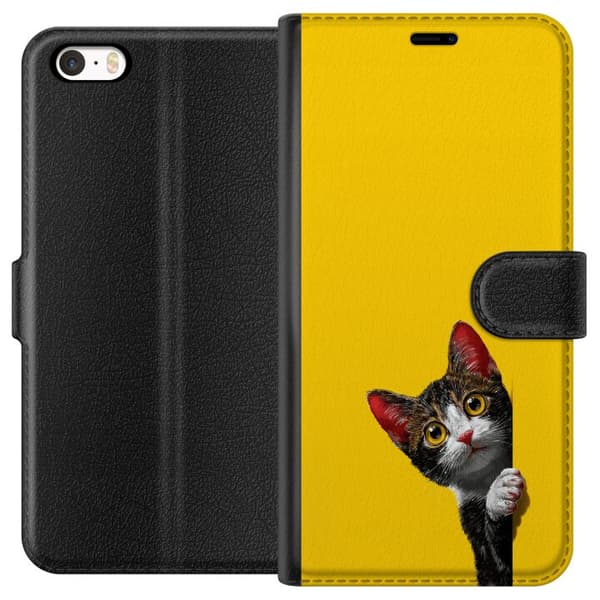 Kompatibel Tegnebogsetui til Apple iPhone 5 Sød kat, der kigger ud mod gul minimalistisk baggrund gul