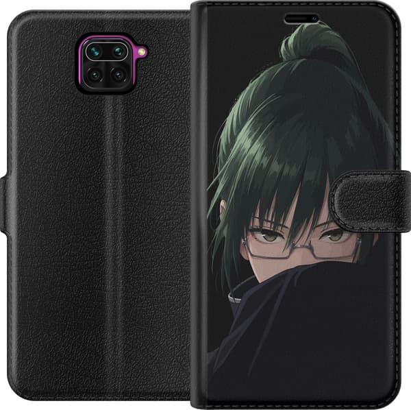 Kompatibel Tegnebogsetui til Xiaomi Redmi Note 9 Mørkhåret animefigur med briller og opslået sort krave på sort baggrund sort
