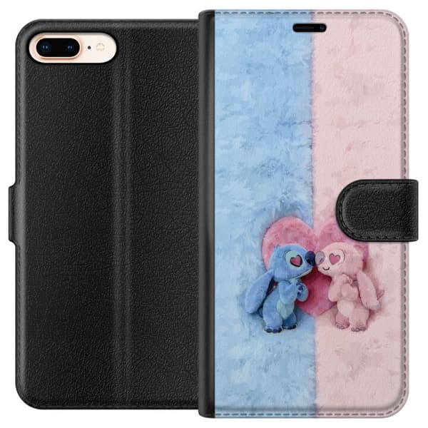 Kompatibel Tegnebogsetui til Apple iPhone 8 Plus Søde blå og lyserøde figurer foran et stort lyserødt hjerte pink