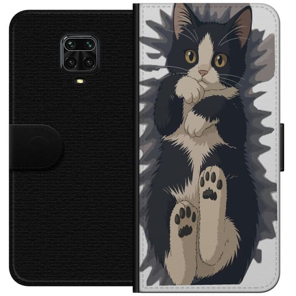 Kompatibel Tegnebogsetui til Xiaomi Redmi Note 9 Pro Illustreret sort-hvid kat med synlige poter og store gule øjne sort