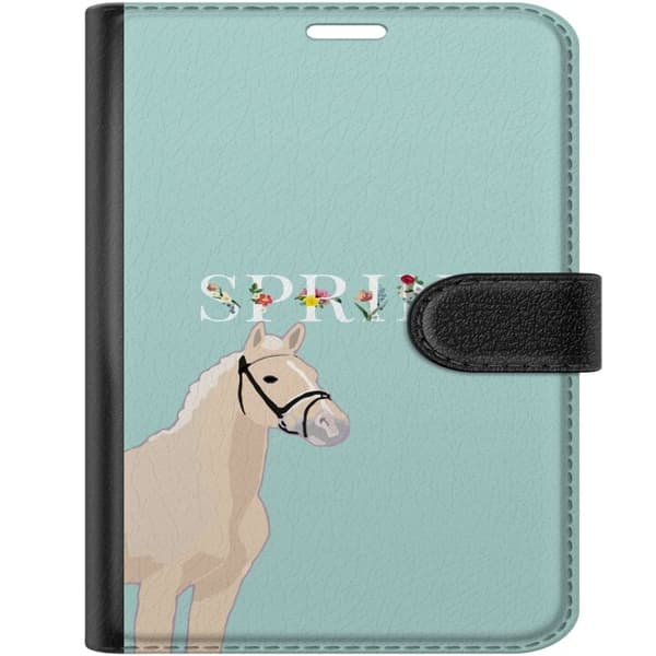 Kompatibel Tegnebogsetui til Apple iPhone Duo Lys hest med blomster og teksten "Spring" på mintgrøn baggrund grøn