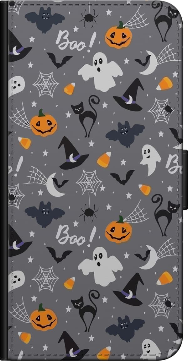 Kompatibel Tegnebogsetui til Samsung Galaxy Note10+ Halloweenmønster med spøgelser, sorte katte, græskar, flagermus og edderkoppespind grå