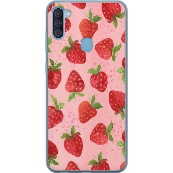 Samsung Galaxy A11 Genomskinligt Skal Strawberry Dreams – jordgubbsmönster i retrostil