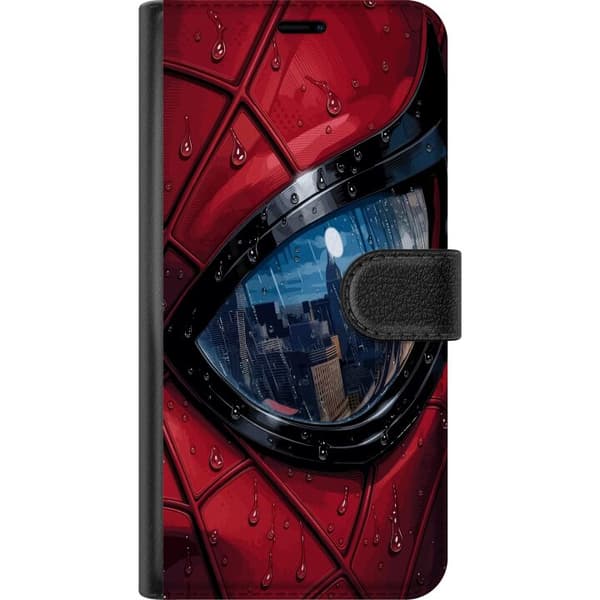 Kompatibelt Lommeboketui til Apple iPhone 13 Pro Max Nærbilde av Spider-Man-maske med regndråper og byrefleksjon i øyet rød