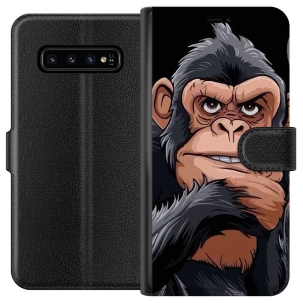 Kompatibel Tegnebogsetui til Samsung Galaxy S10 Illustreret chimpanse med cigar, der viser langfingeren mod sort baggrund sort