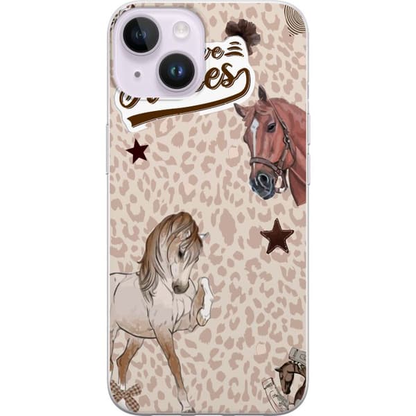 Kompatibelt Mobildeksel til Apple iPhone 15 Plus Hestekollasj med teksten I Love Horses, leopardmønster, stjerner og sløyfer brun