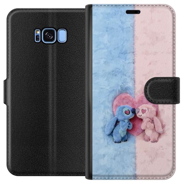 Kompatibel Tegnebogsetui til Samsung Galaxy S8 Søde blå og lyserøde figurer foran et stort lyserødt hjerte pink