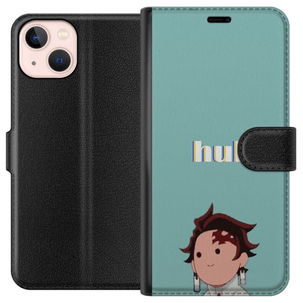 Kompatibel Tegnebogsetui til Apple iPhone 13 mini Minimalistisk tegnet dreng med teksten "huh" mod en turkis baggrund blå