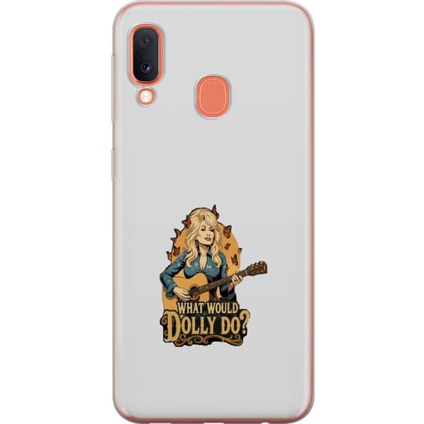Kompatibelt Mobildeksel til Samsung Galaxy A20e Dolly Parton med gitarr och fjärilar grå