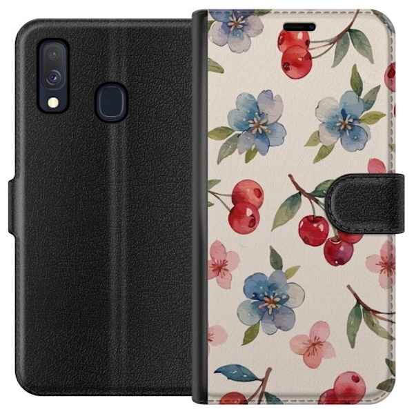 Samsung Galaxy A40 Tegnebogsetui Bær & Blomster - mønster med blå blomster og skovbær