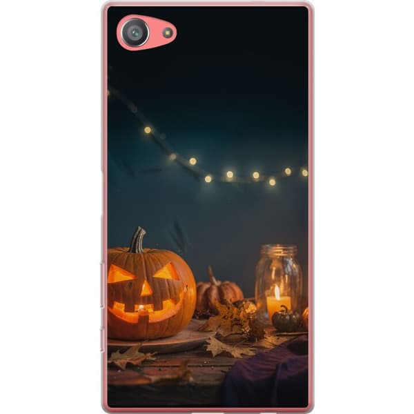 Kompatibelt Mobildeksel til Sony Xperia Z5 Compact Lysende halloween-gresskar omgitt av levende lys og høstløv oransje